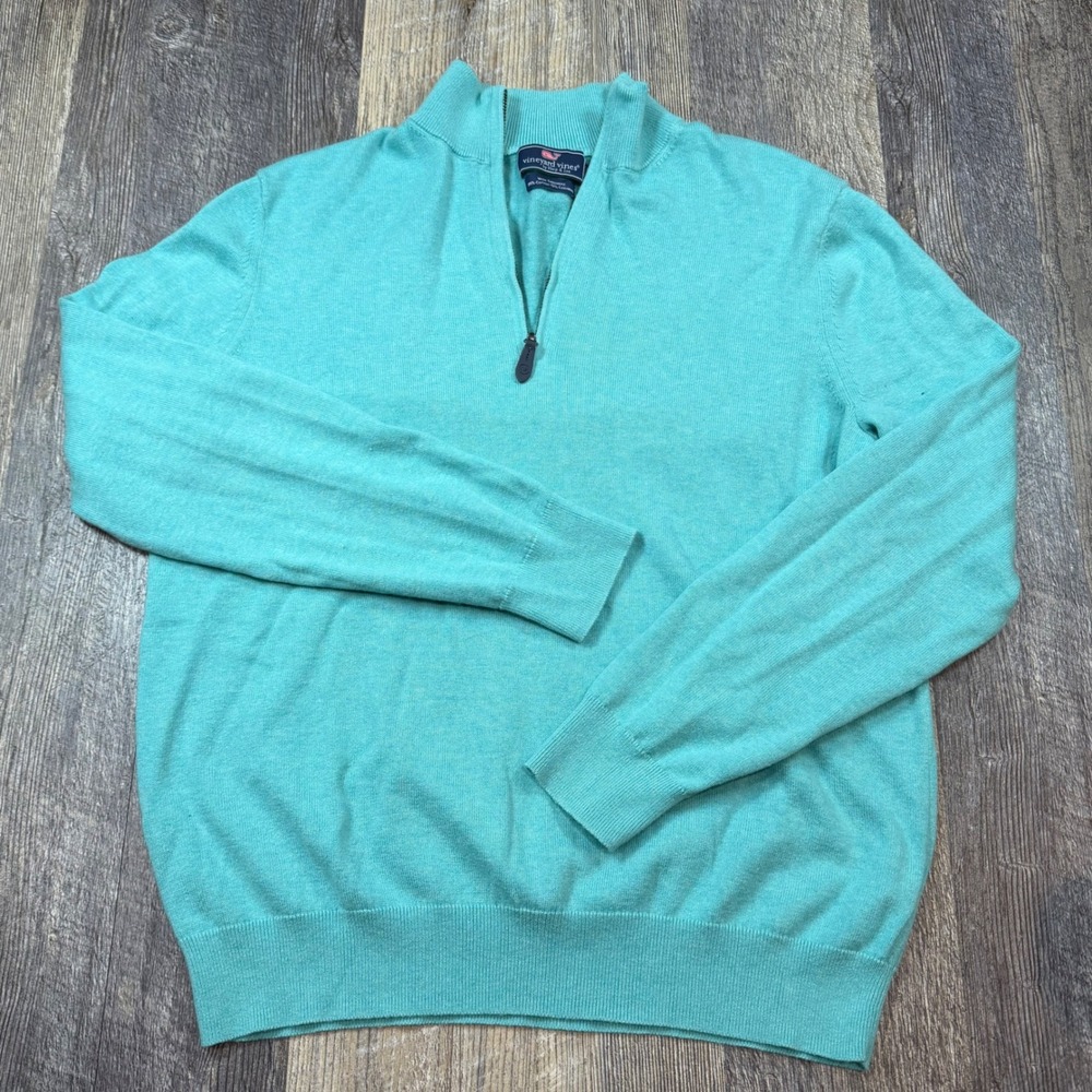 Vineyard Vines Mens Turquoise Blue Cotton Cashmere Blend 1/4 Sweater Size M
